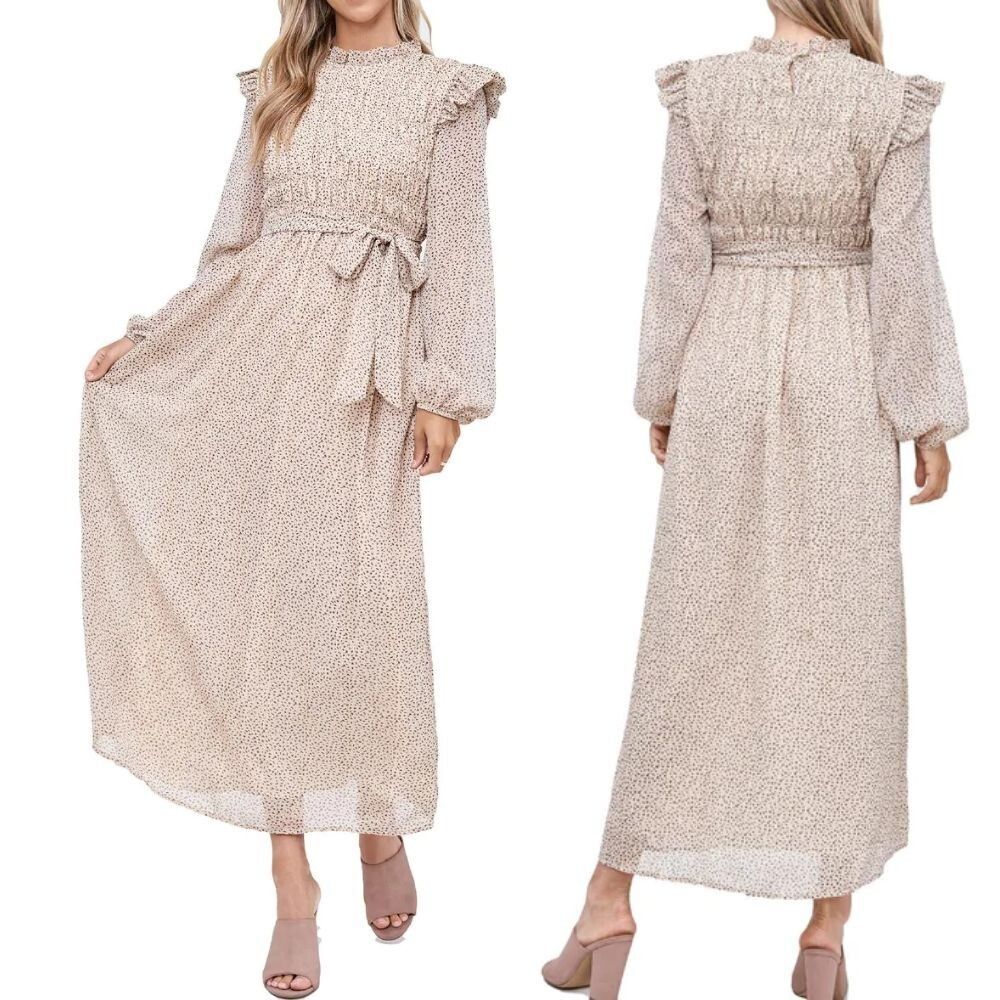 En Saison ANTHROPOLOGIE Dress Beige Metallic Smocked Belted Size XS Cottage Core